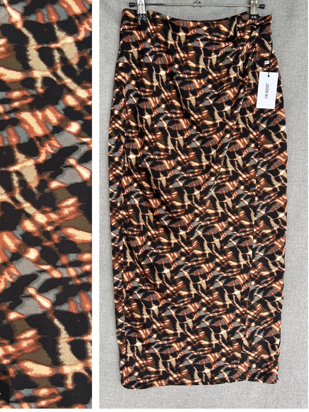 Jason Wu Satin Midi Pencil Faux Wrap skirt brown gray black beige orange pattern